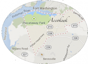 Map of Accokeek bordering the Potomac River including Pascataway Park Route 201 running north to south through Accokeek